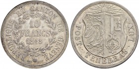 SCHWEIZ 
 Genf / Genève 
 Kanton 
 10 Francs 1848. 52.07 g. D.T.279a. HMZ 2-636a. Selten, nur 385 Exemplare geprägt. Fast FDC.