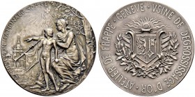SCHWEIZ 
 Genf / Genève 
 Kanton 
 Silbermedaille 1896. Exposition Nationale Suisse - Usine de Dégrossissage d'or. Atelier de frappe. 37.05 g. Fast...