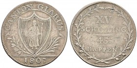 SCHWEIZ 
 Glarus 
 15 Schillinge 1807. 3.40 g. D.T. 95b. HMZ 2-372b. Fast sehr schön.