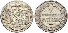 SCHWEIZ 
 Graubünden 
 Kanton 
 5 Batzen 1820. 4.56 g. D.T. 179b. HMZ 2-604b. Vorzüglich.