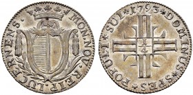 SCHWEIZ 
 Luzern 
 Viertelgulden (10 Schilling) 1793. 2.83 g. D.T. 559a. HMZ 2-658a. Vorzüglich.