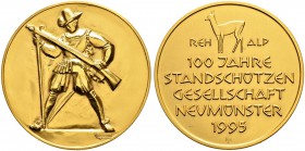SCHWEIZ 
 Schützentaler, Schützenmedaillen & Schützenvaria 
 Zürich 
 Goldmedaille 1995. Neumünster. 100 Jahre Standschützengesellschaft. 72.02 g. ...