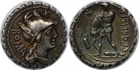 Römische Münzen, MÜNZEN DER RÖMISCHEN KAISERZEIT. C. Poblicius Q. f. AR Serrate Denar. Rom, 80 v. Chr, Behelmte und drapierte Büste von Roma rechts, P...