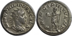 Römische Münzen, MÜNZEN DER RÖMISCHEN KAISERZEIT. Philipp II. als Caesar. Antoninian 244-246 n. Chr., 4.22 g. Silber. RIC 218(d), C.48. Auktion 41/028...