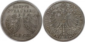 Altdeutsche Münzen und Medaillen, NÜRNBERG, STADT. Guldentaler (60 Kreuzer) 1611, mit Titel Rudolfs II. Silber. Dav. 89. Vorzüglich