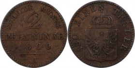 Altdeutsche Münzen und Medaillen, PREUßEN. 2 Pfenning 1860, CU. Vorzüglich