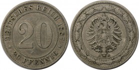 Deutsche Münzen und Medaillen ab 1871, REICHSKLEINMÜNZEN. 20 Pfennig, kleiner Adler 1887 A, Kupfer-Nickel. Jaeger 6. Vorzüglich.Kl.kratzer.