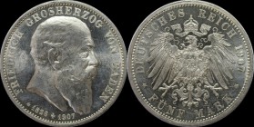Deutsche Münzen und Medaillen ab 1871, REICHSSILBERMÜNZEN, Baden, Friedrich I (1852-1907). 5 Mark 1907, auf s. Tod. Silber. Jaeger 37. Vorzüglich. Kra...