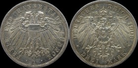 Deutsche Münzen und Medaillen ab 1871, REICHSSILBERMÜNZEN, Lübeck. 3 Mark 1908 A, Silber. Jaeger 82. Vorzüglich, Berieben.