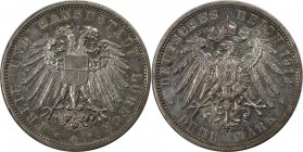 Deutsche Münzen und Medaillen ab 1871, REICHSSILBERMÜNZEN, Lübeck. 3 Mark 1912 A, Silber. Jaeger 82. Stempelglanz. Patina.