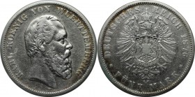 Deutsche Münzen und Medaillen ab 1871, REICHSSILBERMÜNZEN, Württemberg, Karl (1864-1891). 5 Mark 1876 F, Silber. Jaeger 173. Schön-sehr schön