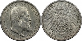Deutsche Münzen und Medaillen ab 1871, REICHSSILBERMÜNZEN, Württemberg. 3 Mark 1910 F, Silber. Jaeger 175. Sehr schön-vorzüglich. Kratzer