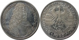 Deutsche Münzen und Medaillen ab 1945, BUNDESREPUBLIK DEUTSCHLAND. Ludwig Wilhelm Markgraf von Baden (1655-1707). 5 Mark 1955 G, Silber. Jaeger 390. V...