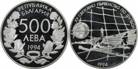 Europäische Münzen und Medaillen, Bulgarien / Bulgaria. Fußball Weltmeisterschaft 1994 in USA. 500 Leva 1994, Silber. KM 211. Polierte Platte