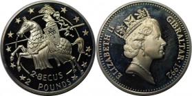 Europäische Münzen und Medaillen, Gibraltar. Berittener Reiter links. 2.8 Ecus - 2 Pounds 1992, Kupfer-Nickel. KM 293. Stempelglanz. Patina. Fingerabd...