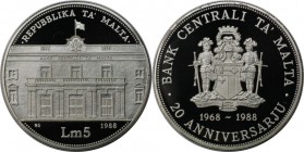 Europäische Münzen und Medaillen, Malta. 20 Jhare Zentralbank. 5 Liri 1988, 1.68 OZ. Silber. 56.56 g. KM 87. Piefort. Auflage nur 500 Stück. Zertifika...