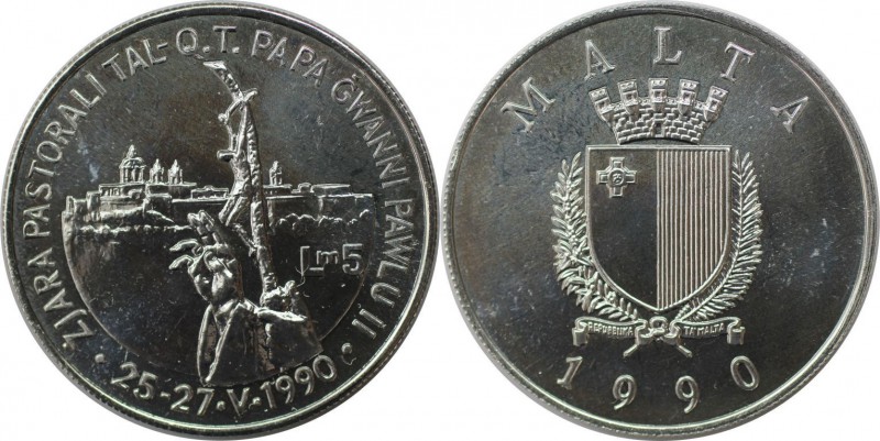 Europäische Münzen und Medaillen, Malta. Papstbesuch John Paul II. 5 Liri 1990, ...