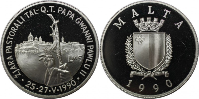 Europäische Münzen und Medaillen, Malta. Papstbesuch John Paul II. 5 Liri 1990, ...
