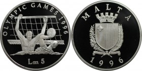 Europäische Münzen und Medaillen, Malta. Olympische Spiele 1996 - Wasser Polo. 5 Liri 1996, Silber. 0.94 OZ. KM 110. Polierte Platte