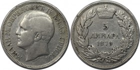 Europäische Münzen und Medaillen, Serbien / Serbia. Milan Obrenovich IV. (Milan I.) 1868-1889. 5 Dinara 1879, Silber. KM 12. Sehr schön