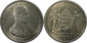 Europäische Münzen und Medaillen, Ungarn / Hungary. Admiral Horthy. 5 Pengö 1930, Silber. 0.52 OZ. KM 512.1. Vorzüglich-Stempelglanz
