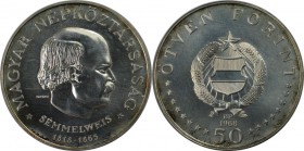 Europäische Münzen und Medaillen, Ungarn / Hungary. 150. Geburtstag von Ignác Semmelweis. 50 Forint 1968, Silber. 0.41 OZ. KM 582. Stempelglanz