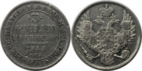 Russische Münzen und Medaillen, Nikolaus I. (1826-1855). 3 Rubel 1844, St. Petersburg, Platin. Bitkin 90 (R). Sehr schön-vorzüglich. Randfehler