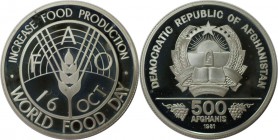 Weltmünzen und Medaillen, Afghanistan. Welternährungstag. 500 Afghanis 1981, Silber. 0,39 OZ. KM 1002. Polierte Platte