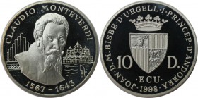 Weltmünzen und Medaillen, Andorra. Komponist Claudio Monteverdi (156 -1643). 10 Diners 1998, Silber. 0.93 OZ. KM 146. Polierte Platte
