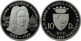 Weltmünzen und Medaillen, Andorra. Komponist Georg Friedrich Händel (1685-1759). 10 Diners 1998. Silber. 0.93 OZ. KM 147. Polierte Platte.
