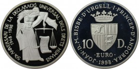 Weltmünzen und Medaillen, Andorra. 50 Jahre Erklärung der Menschenrechte. 10 Diners 1998, Silber. 0.93 OZ. KM 143. Polierte Platte