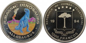 Weltmünzen und Medaillen, Äquatorial Guinea / Equatorial Guinea. Jurassic Dinosaurier. 1000 Francos 1994, Kupfer-Nickel. KM 87. Stempelglanz