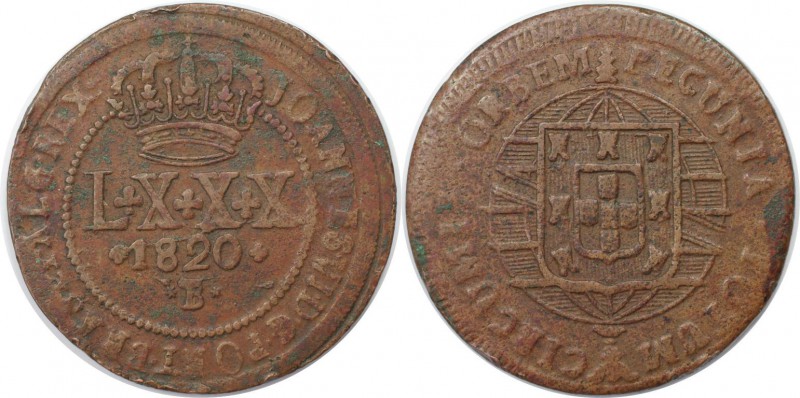 Weltmünzen und Medaillen, Brasilien / Brazil. 80 Reis 1820 B, Kupfer. KM 342.1. ...