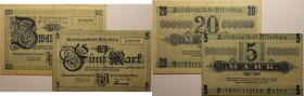 Banknoten, Deutschland / Germany. Notgeld Offenburg Stadt. 5, 20 Mark 1919. 2 Stück. Geiger 397.01, 02. IV