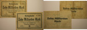 Banknoten, Deutschland / Germany. Notgeld Passau, Inflation. 2 x 10 Milliarden Mark 1923. 2 Stück. Keller: 4243. II-IV