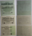 Banknoten, Deutschland / Germany. Reichsbanknote 2 x 100 000 Mark, 200 000 Mark, 1 Millionen Mark 1923. 4 Stück. Pick 91, 100, 102. UNZ, II-III