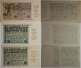 Banknoten, Deutschland / Germany. Reichsbanknote. 2 x 100 Millionen Mark, 500 Millionen Mark 1923. 3 Stück. Pick 107, 110. I-II-III