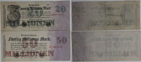 Banknoten, Deutschland / Germany. Notgeld, Berlin, Reichsbanknote.20 Millionen Mark, 50 Millionen Mark 25.07.1923. 2 Stück. Keller 96, 97. II-III