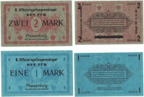 Banknoten, Deutschland / Germany. Plassenburg, K.Offiziersgefangenenlager. 1 Mark und 2 Mark ND. Lot von 2 Banknoten. I Siehe scan!