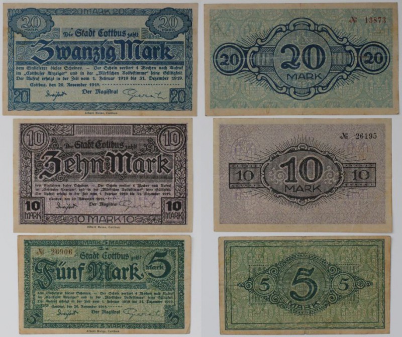 Banknoten, Deutschland / Germany. Notgeld Cottbus, Brandenburg. 5, 10, 20 Mark 2...