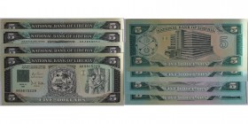 Banknoten, Liberia. 5 Dollars 1989, 1991. Pick 019. 4 Stück. II