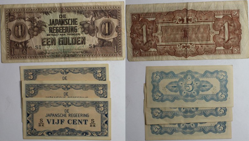 Banknoten, Niederländisch Indien / Netherlands Indies. 3 x 5 Cent, 1 Gulden ND ....