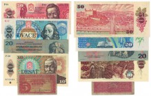 Banknoten, Tschechoslowakei / Czechoslovakia, Lots und Sammlungen. 5 Korun 1945. P.59. III, 20 Korun 1970. P.94. I, 20 Korun 1987. P.92. II, 20 Korun ...