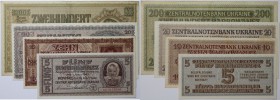 Banknoten, Ukraine, Lots und Sammlungen. 5, 10, 20, 200 Karbowanez 10.3.1942. Pick: 51, 52, 53, 56. Lot von 4 Banknoten. I-III