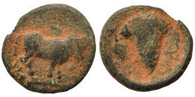 EUBOIA. Euboian League, circa 3rd century BC. Ae (bronze, 2.00 g, 13 mm). Bull standing to right. Rev. Grape bunch. HGC 4, 1439. Nearly very fine.