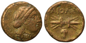 LESBOS. Methymna. Circa 330-280 BC. Ae (bronze, 3.73 g, 16 mm). Head of Hera right, wearing stephane. Rev. AIOΛE Thunderbolt; grape below. Fine.