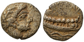 PHOENICIA. Arados. Uncertain king. Circa 400-384 BC. 1/16 Shekel (silver, 0.74 g, 9 mm). Laureate head of Ba'al-Arwad right. Rev. Galley right, above ...
