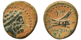 PHOENICIA. Arados. Circa 137-51 BC. Ae (bronze, 3.57 g, 16 mm). Laureate head of Zeus right. Rev. Prow left; Phoenician letters above, date below. HGC...