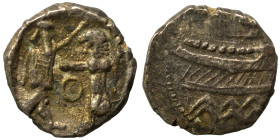 PHOENICIA. Sidon. Ba'alšillem II, circa 401-366 BC. 1/16 Shekel (silver, 0.62 g, 9 mm). Phoenician galley left, waves below. Rev. Persian king or hero...