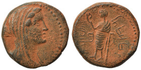 PHOENICIA. Marathos. 220-150 BC. Tetrachalkon (bronze, 8.40 g, 21 mm). Veiled female head (Berenike II?) to right. Rev. Marathos standing left, holdin...